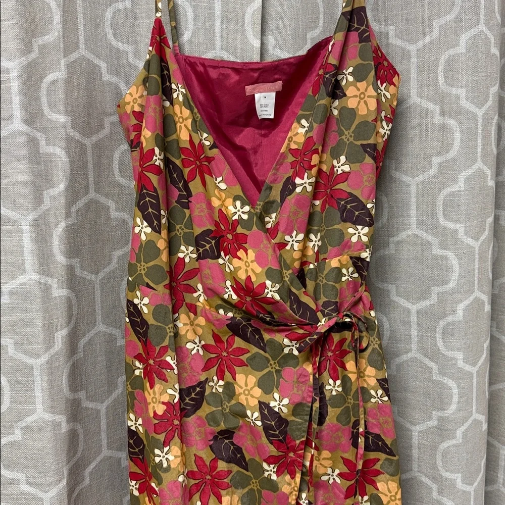 J. Crew Multicolor Floral knee length wrap Dress spaghetti straps Y2K size 14